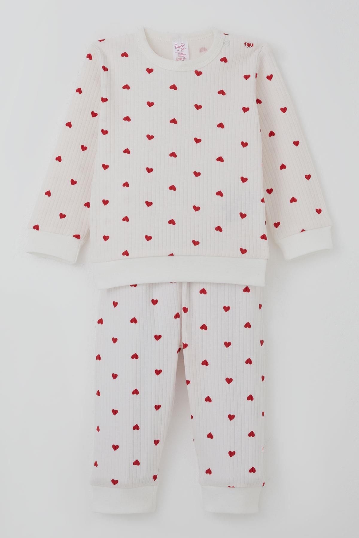 Breeze Kız Bebek Pijama Takımı Omuzdan Patlı Kalp Desenli Ekru (4 Ay-1 Yaş)