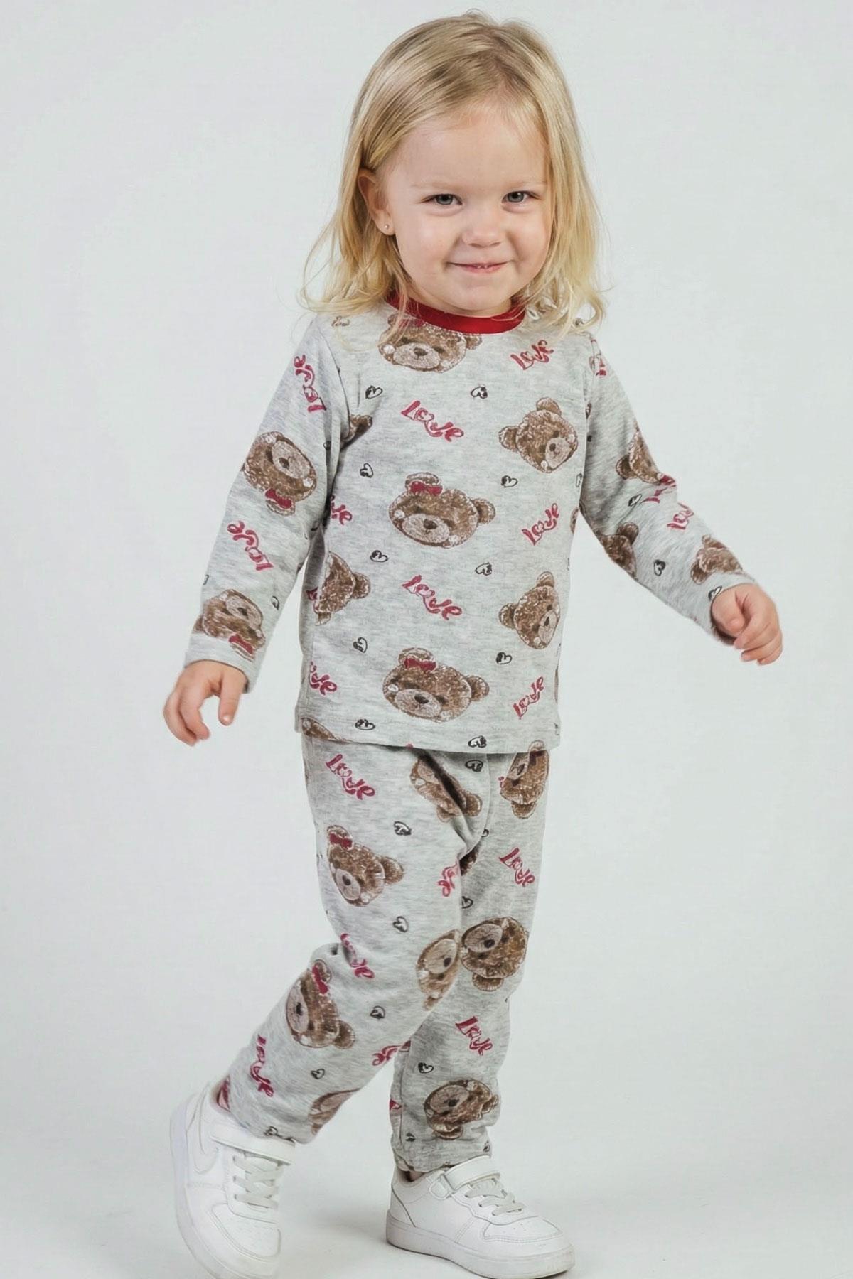 Breeze Kız Bebek Pijama Takımı Sevgi Temalı Fiyonklu Ayıcık Desenli Açık Gri Melanj (9 Ay-3 Yaş)