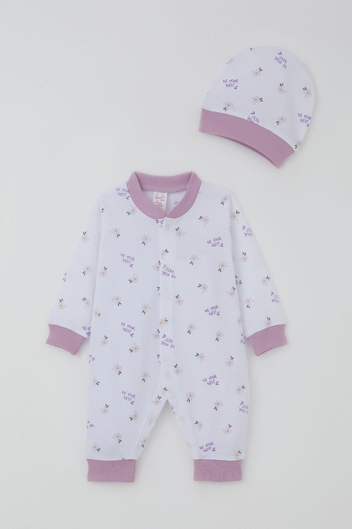 Breeze Kız Bebek Tulum Çiçek & Yazı Desenli Beyaz (0-6 Ay)