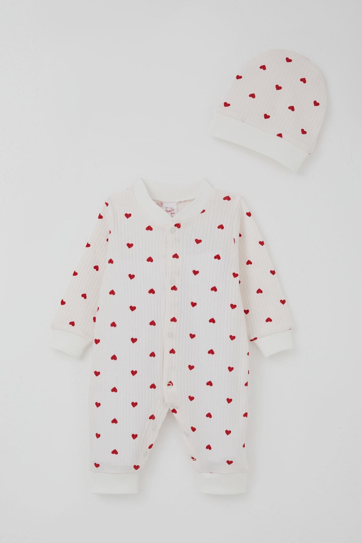 Breeze Kız Bebek Tulum Kalp Desenli Ekru (0-6 Ay)