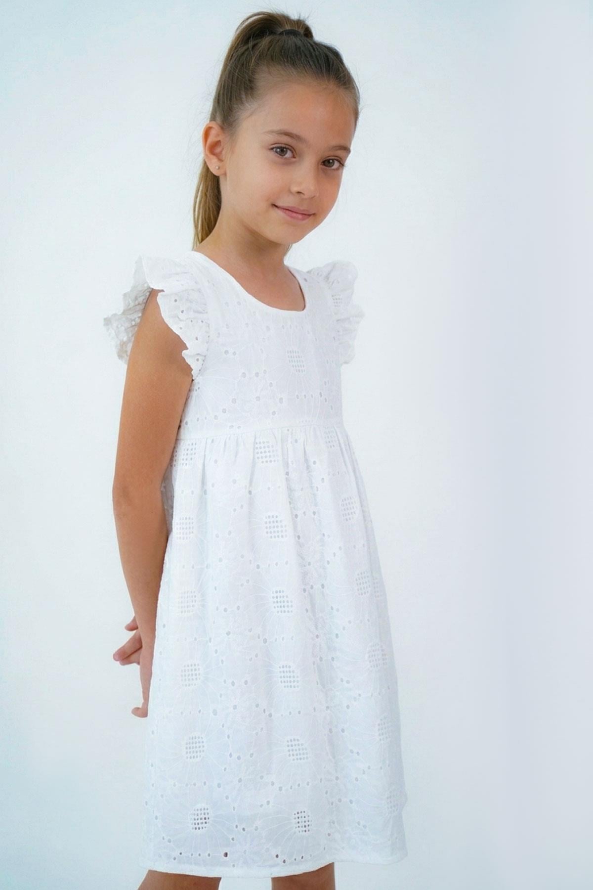 Breeze Kız Çocuk Dantel Elbise Çiçek Nakışlı Arka Kısmı Fermuarlı Ekru (5-10 Yaş)