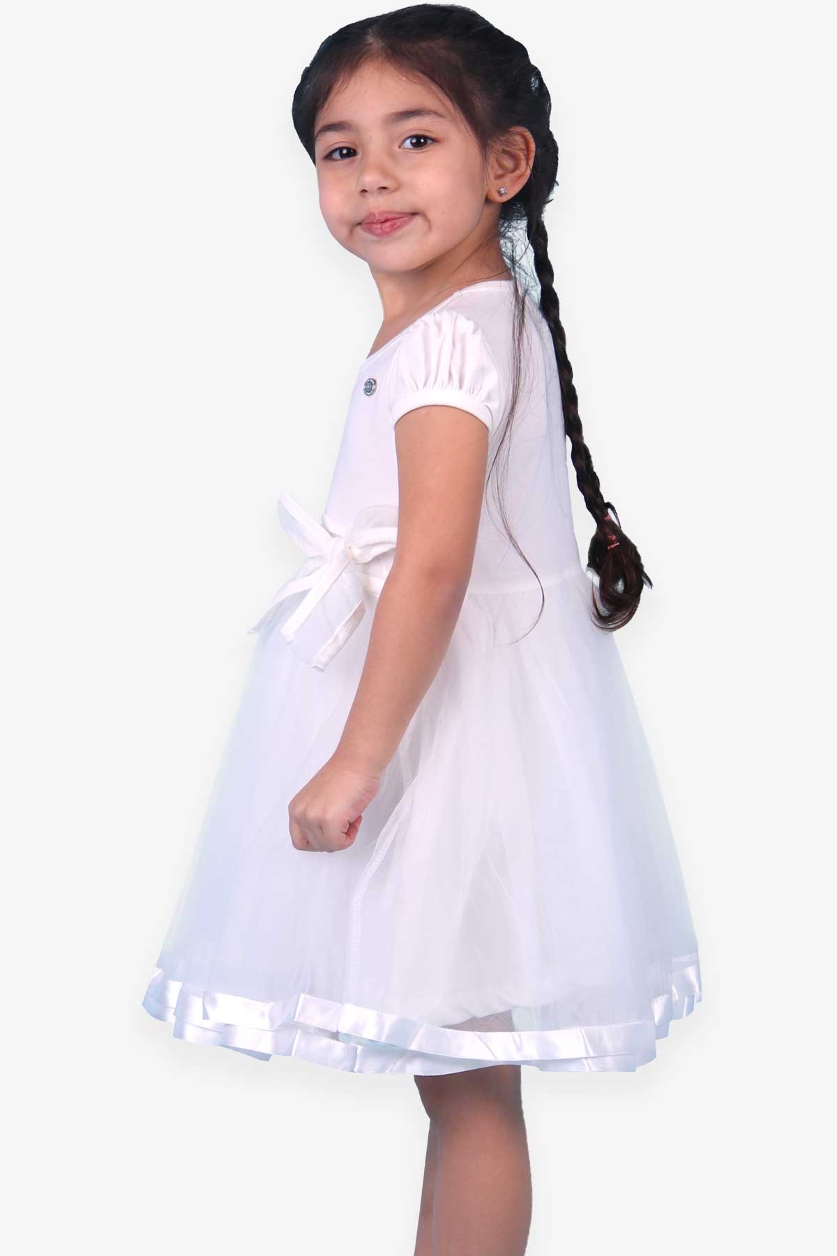 Kız Çocuk Elbise Altı Tülü Saten Biyeli Ekru 1.5-5 Yaş - Toptan Çocuk Giyim  | Breeze