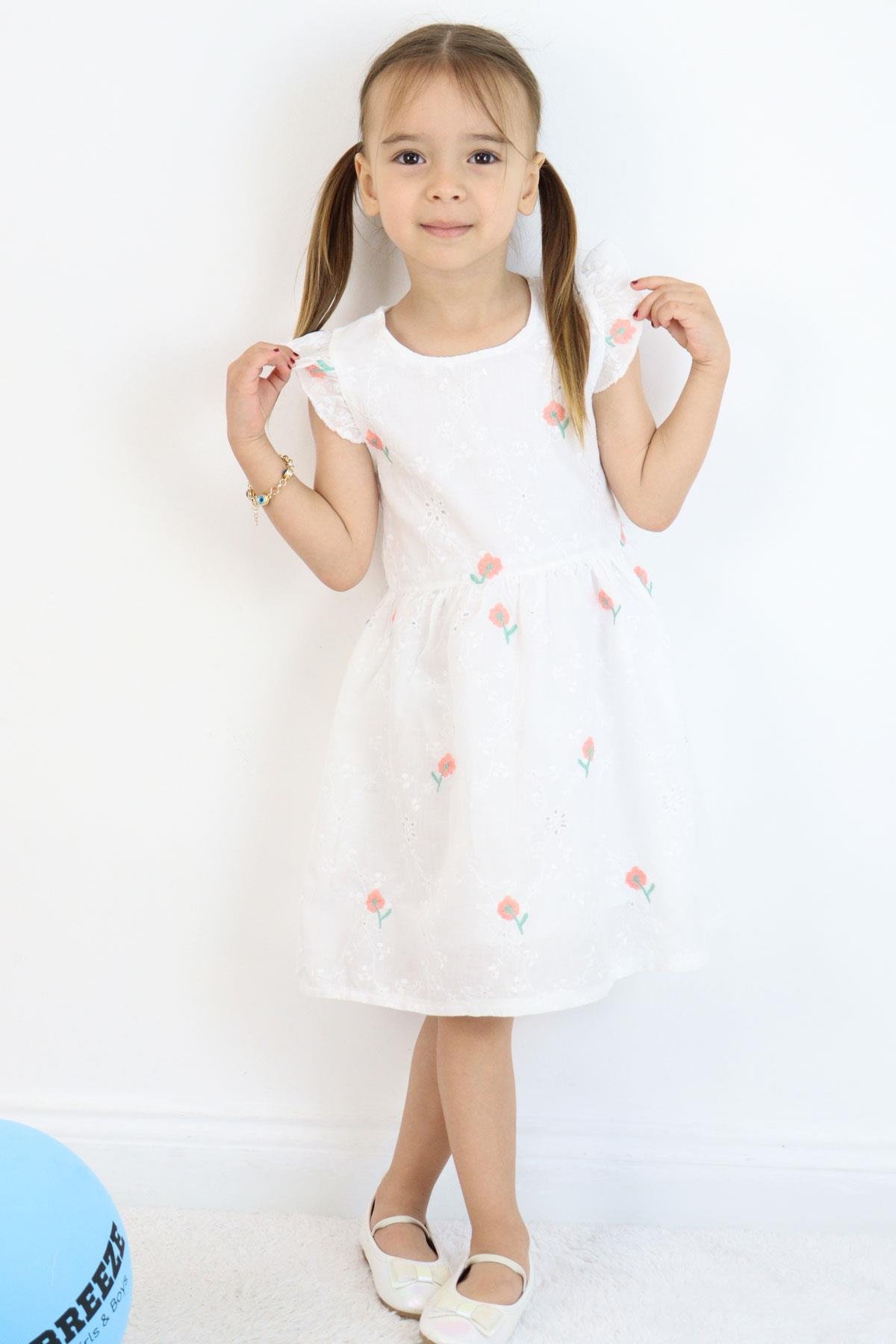 Breeze Kız Çocuk Elbise Çiçek Nakışlı Güpür Detaylı Ekru (3-7 Yaş)