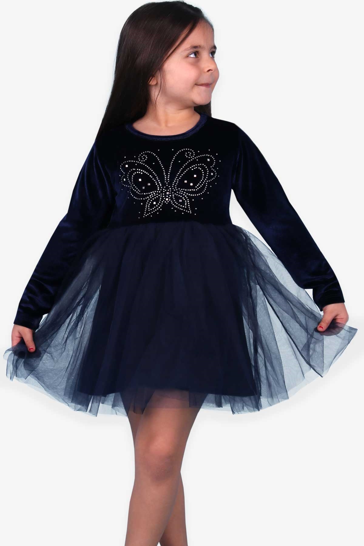 Kız Çocuk Kadife Elbise Kelebekli Taşlı Lacivert 4-9 Yaş - Wholesale  Children Clothing | Breeze