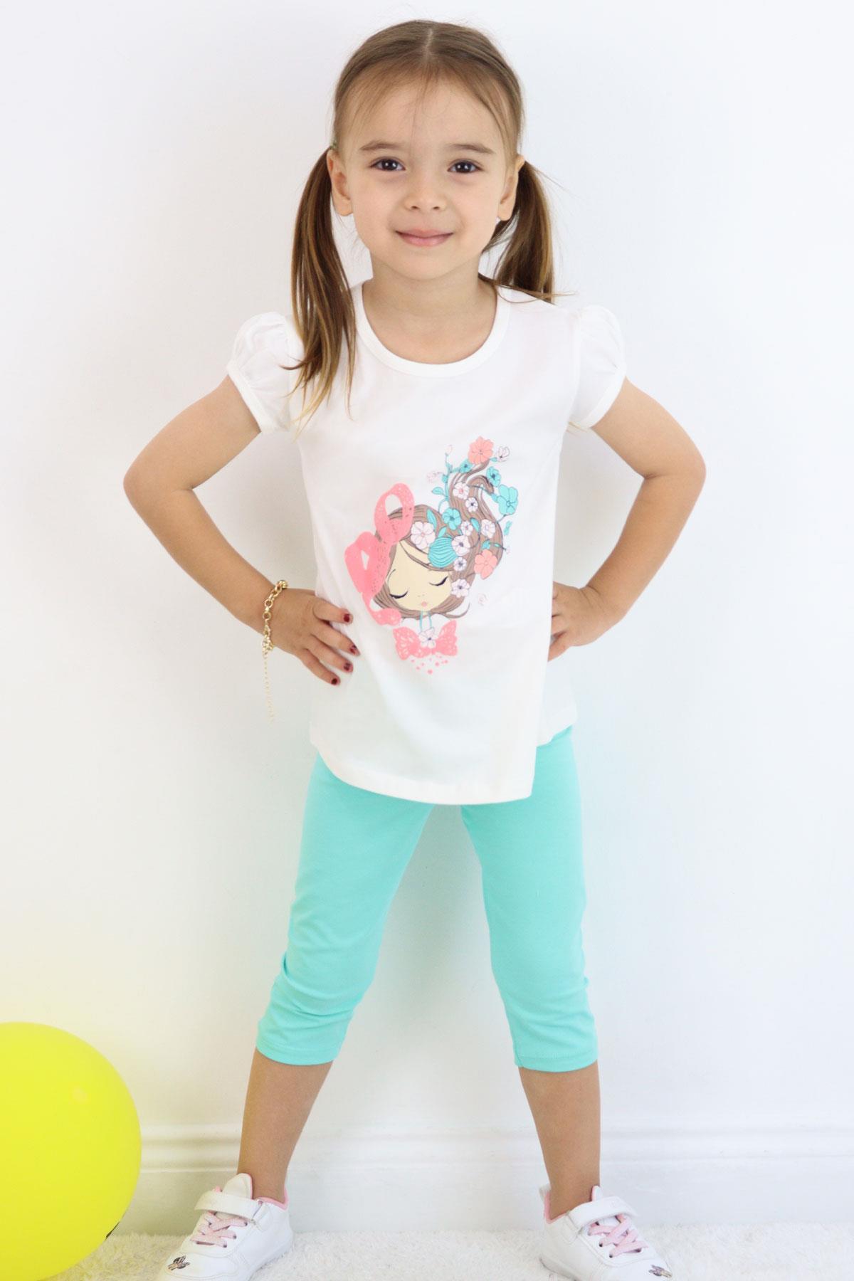 Breeze Kız Çocuk Kapri Taytlı Takım Çiçekli Kız Baskılı Ekru (1.5-5 Yaş)