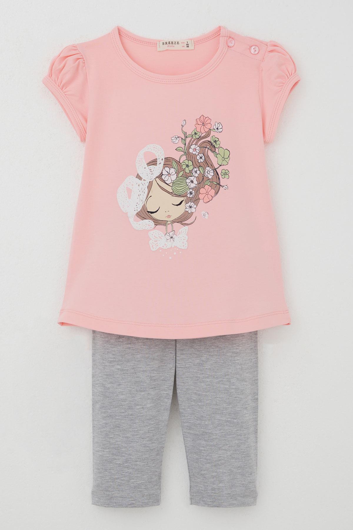 Breeze Kız Çocuk Kapri Taytlı Takım Çiçekli Kız Baskılı Pembe (1.5-5 Yaş)