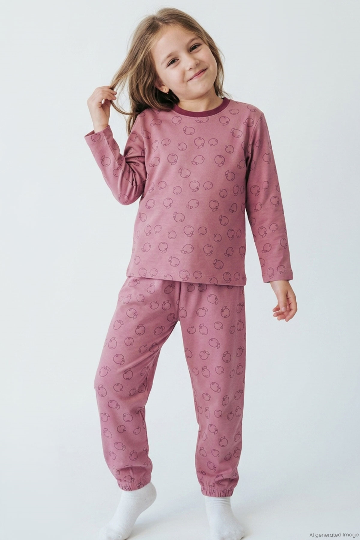 Breeze Kız Çocuk Pijama Takımı Elma Desenli Beli Paçası Lastikli Gülkurusu (4-8 Yaş)