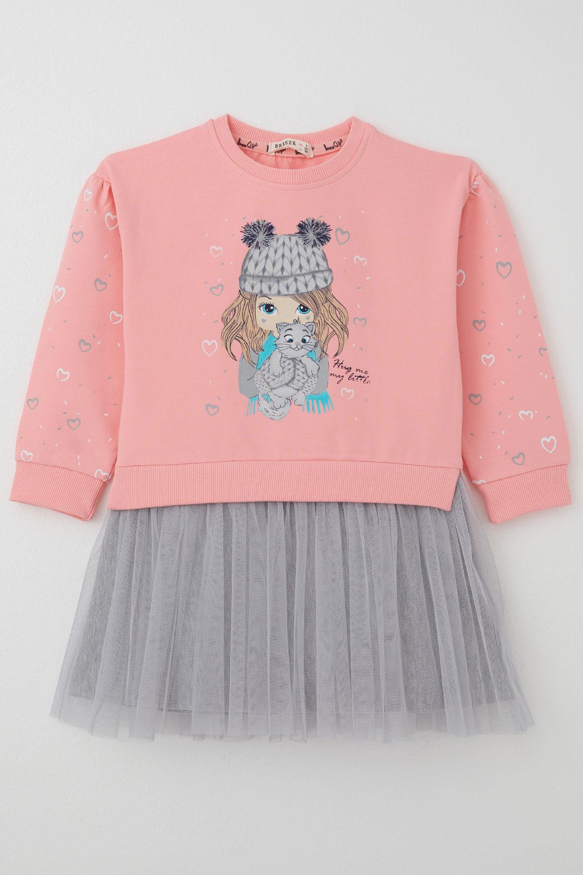 Breeze Kız Çocuk Uzun Kollu Elbise Arkadaş Temalı Kolları Kalp Desenli Pembe (2-6 Yaş)