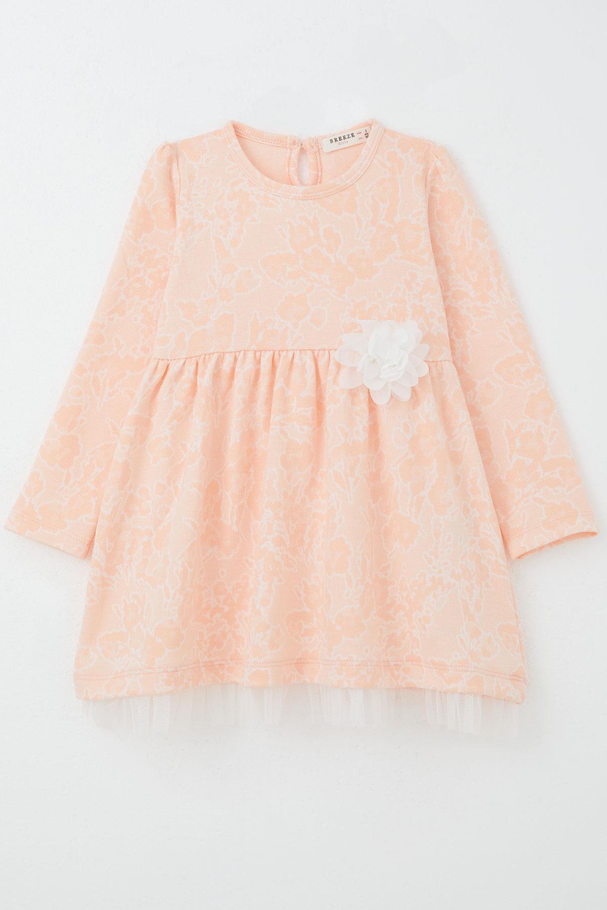 Breeze Kız Çocuk Uzun Kollu Elbise Çiçek Desenli Somon (3-7 Yaş)
