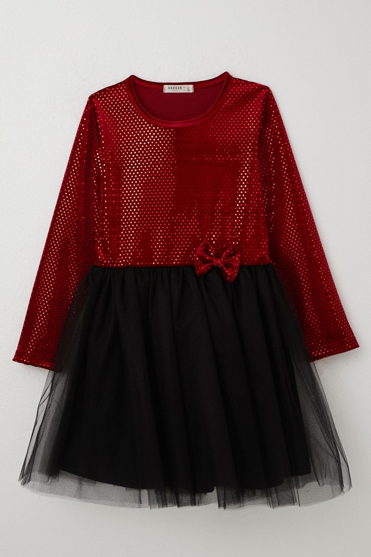 Breeze Kız Çocuk Uzun Kollu Elbise Kadife Pullu Kırmızı (5-10 Yaş)