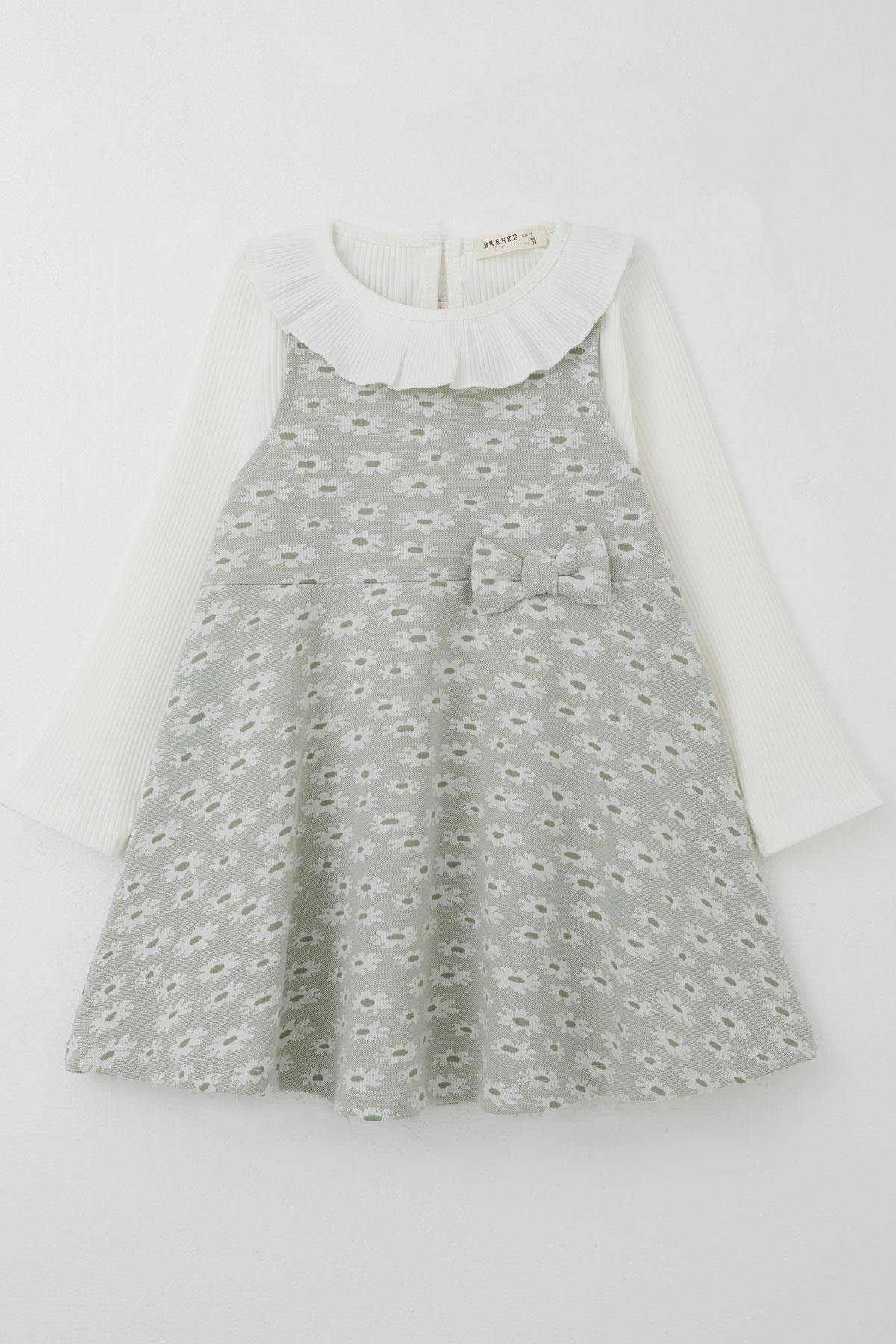Breeze Kız Çocuk Uzun Kollu Jile Elbise Bodyli Çiçek Desenli Su Yeşili (3-8 Yaş)