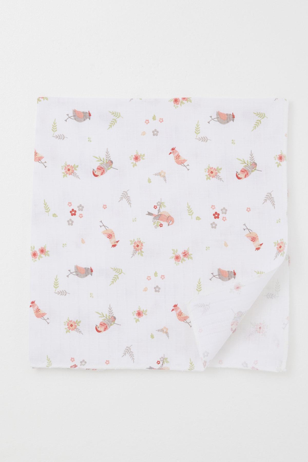 Breeze Yenidoğan Bebek Müslin Battaniye Çiçek & Kuş Desenli Ekru (Standart)