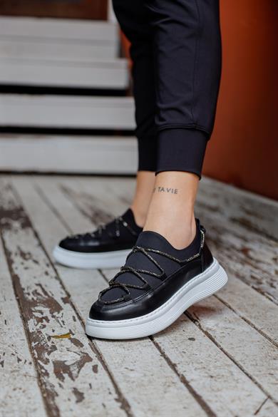 Resa Siyah/Beyaz Taşlı İp Detaylı Kadın Spor Ayakkabı