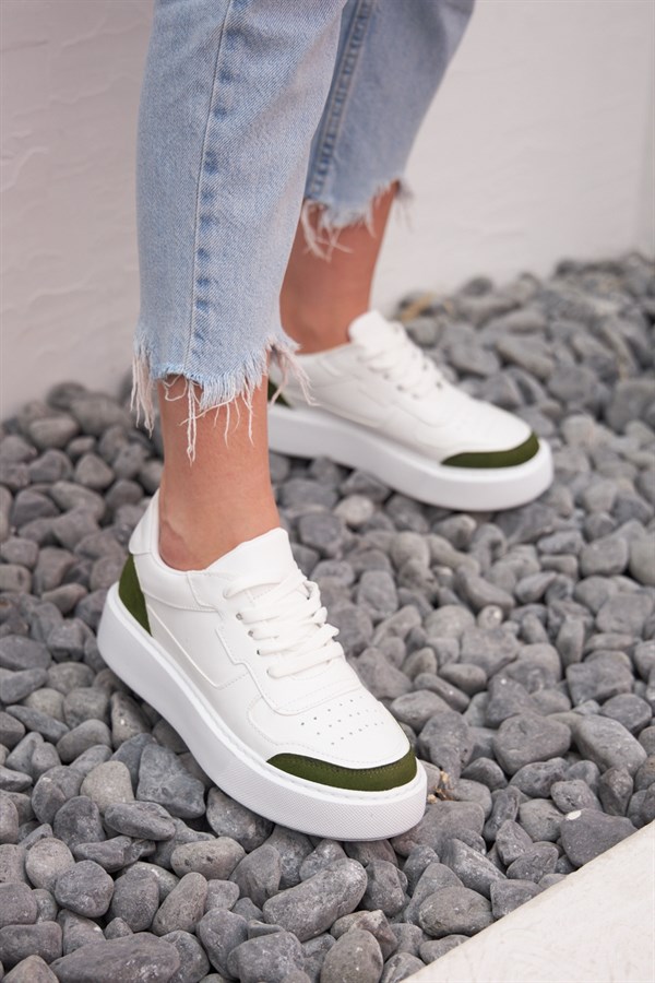 Fonto Süet Yeşil Detaylı Beyaz Kadın Sneakers