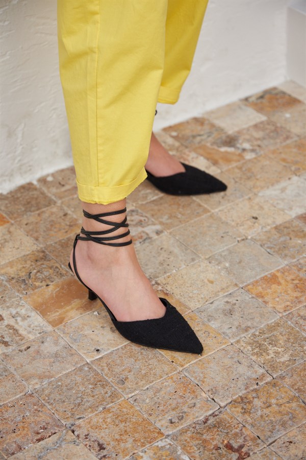 Dest Siyah Tüvit Kumaş Bağcıklı Kadın Topuklu Ayakkabı