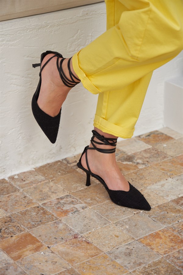 Dest Siyah Tüvit Kumaş Bağcıklı Kadın Topuklu Ayakkabı