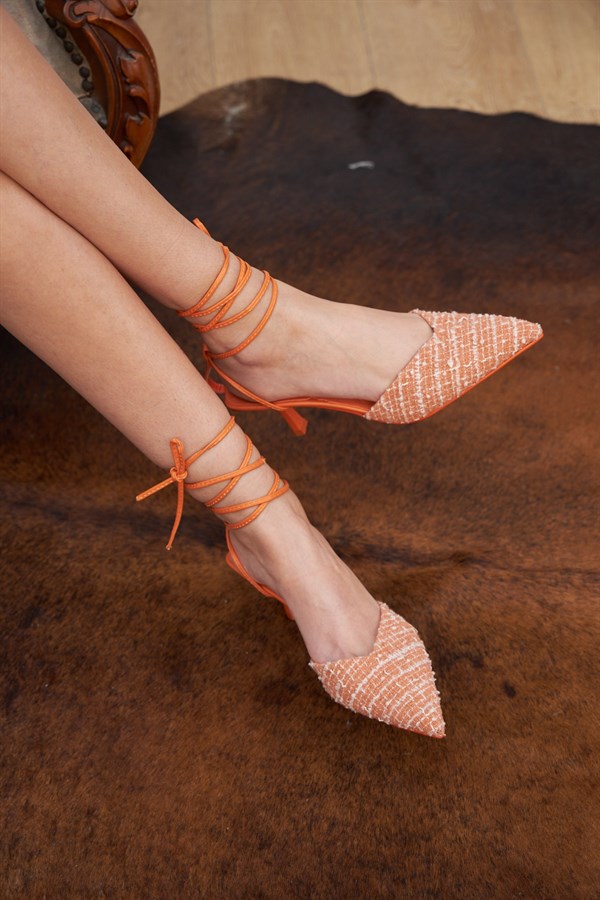 Dest Turuncu Tüvit Kumaş Bağcıklı Kadın Topuklu Ayakkabı
