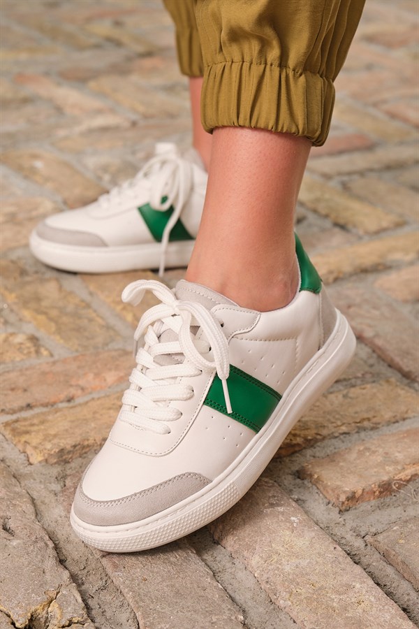 Glans Yeşil Detaylı Beyaz Sneakers