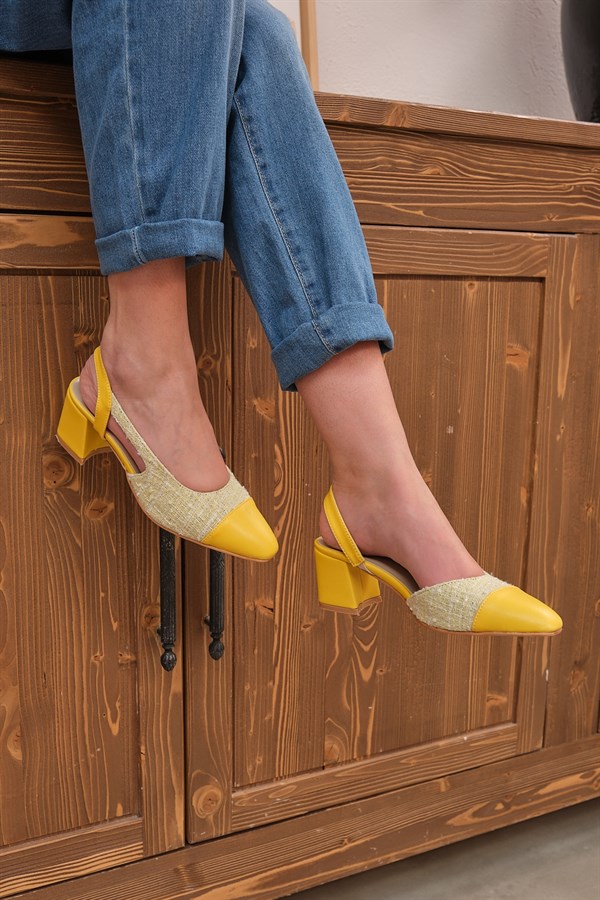 Magri Sarı Tüvit Kumaş Kadın Kısa Topuklu Ayakkabı