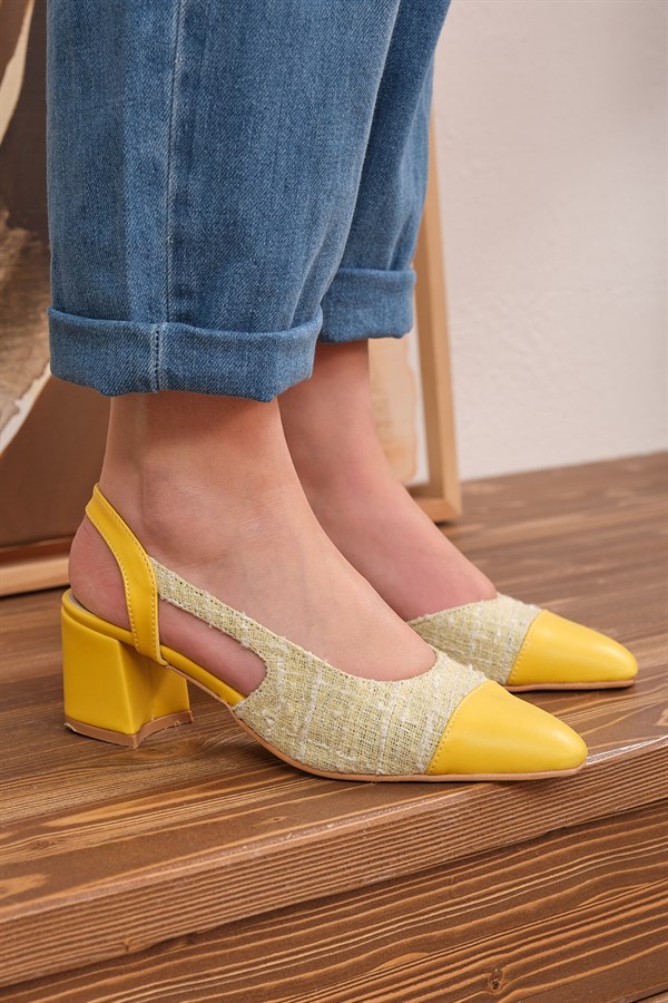 Magri Sarı Tüvit Kumaş Kadın Kısa Topuklu Ayakkabı