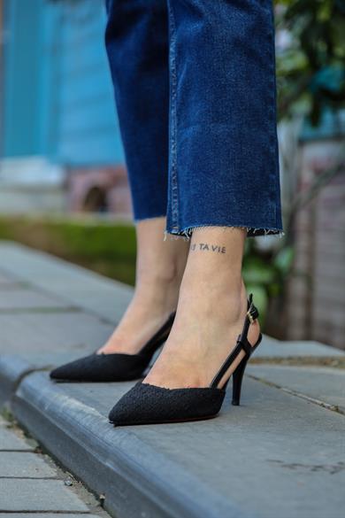 Nisha Siyah Tüvit Kumaş Kadın Topuklu Ayakkabı