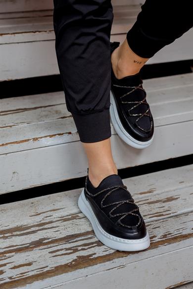 Resa Siyah/Beyaz Taşlı İp Detaylı Kadın Spor Ayakkabı