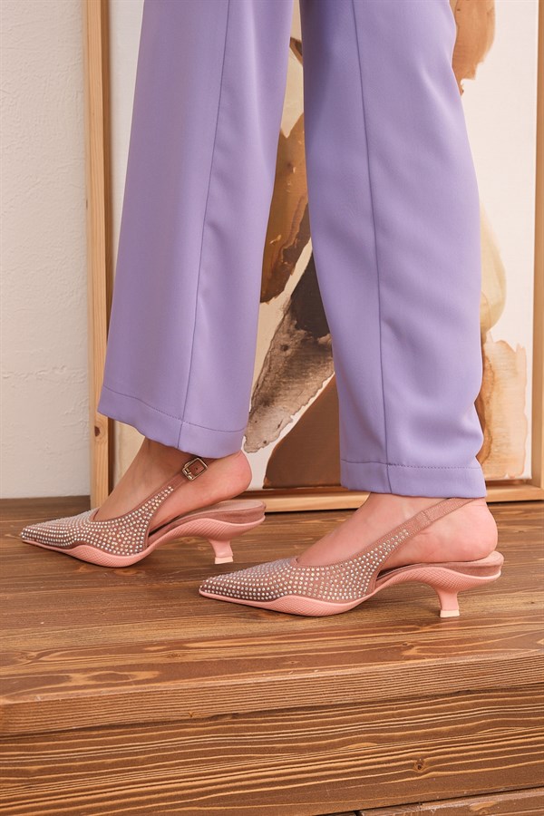 Twinluiz Pudra Kadın Taşlı Topuklu Ayakkabı