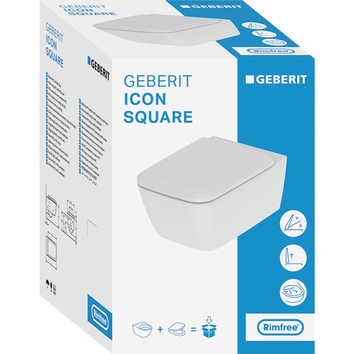 Geberit Asma Klozet, iCon Square Rimfree, Kapak Rezervuar, Stop Valf, Kumanda Paneli Dahil, 501.671.00.1-Set