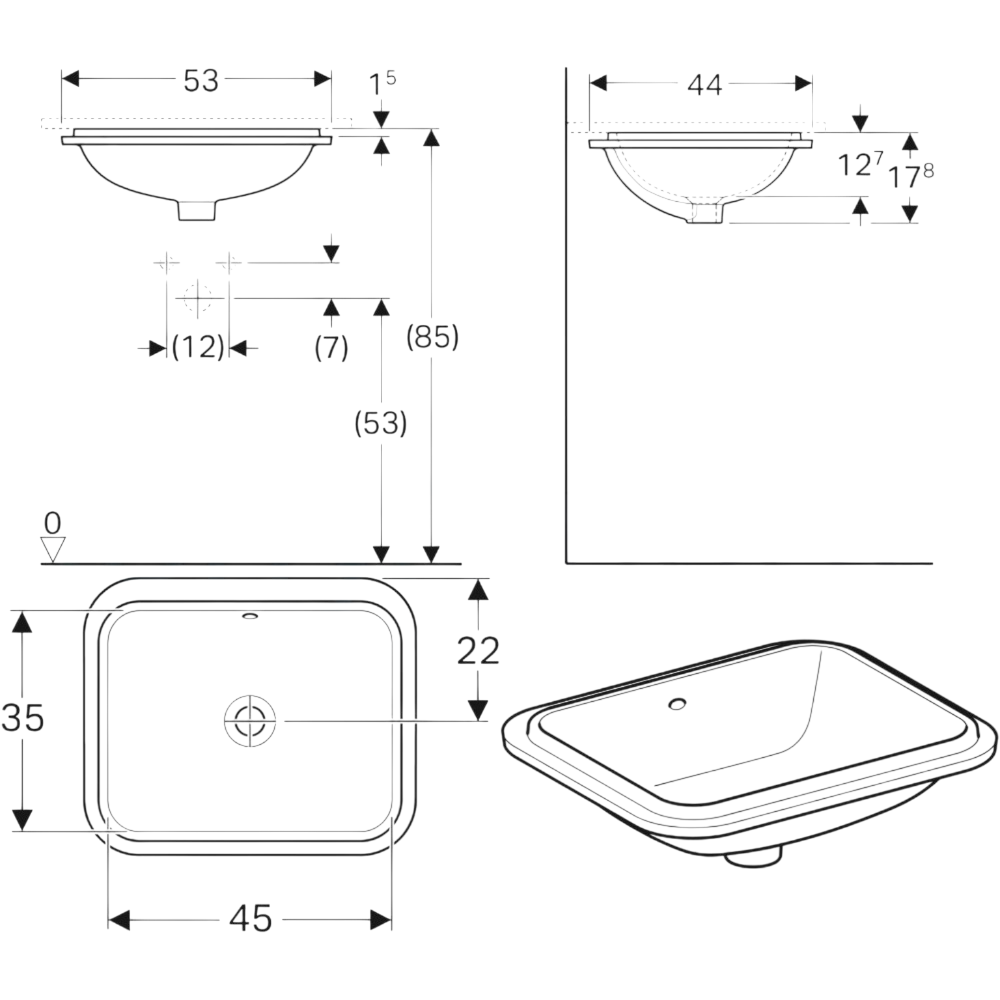 Geberit VariForm Dikdörtgen Tezgah Altı Lavabo, 53 cm, 500.760.01.2