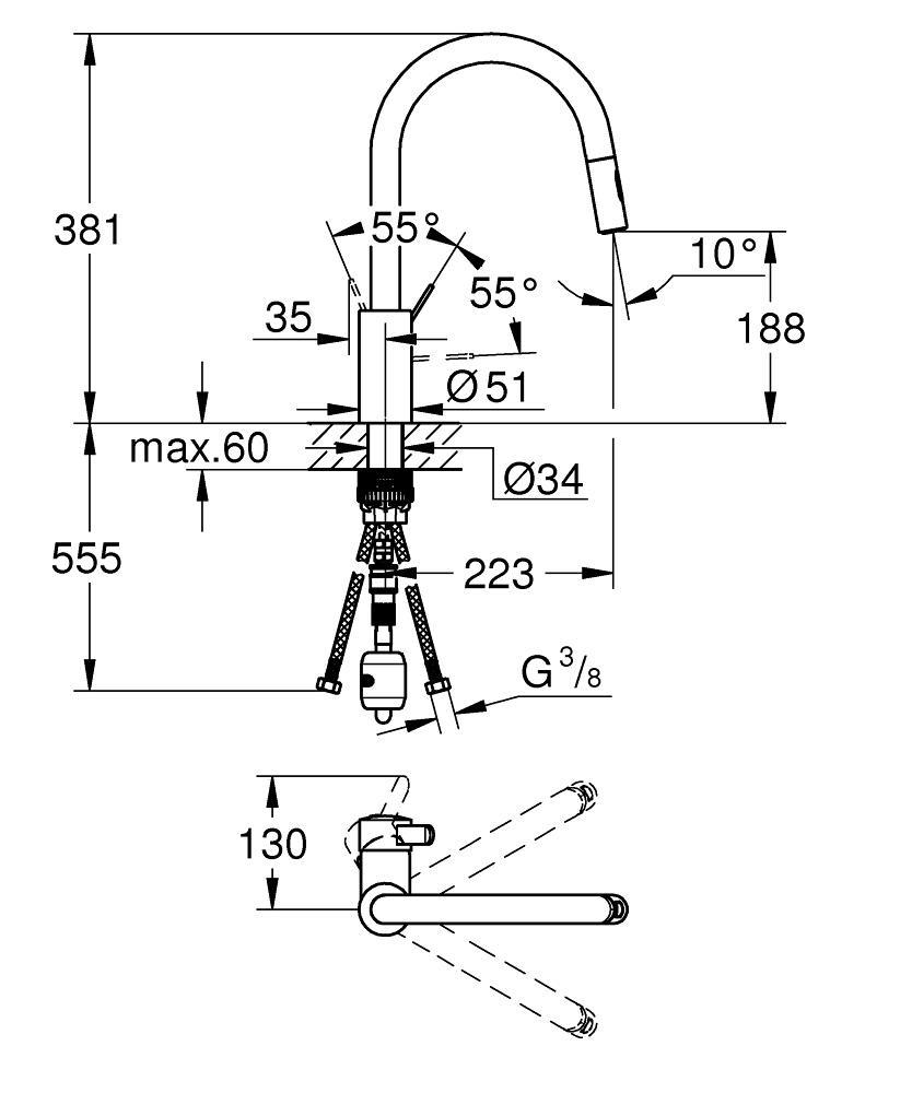 Grohe Eurocosmo Spiralli Eviye Bataryası, 2 Fonksiyonlu Krom, 31481001