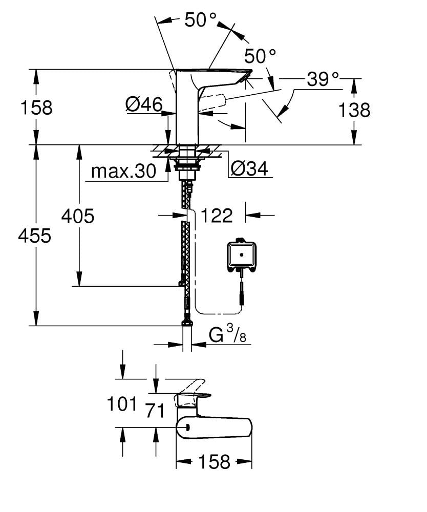 Grohe Eurosmart Fotoselli ve Manuel Kullanım Lavabo Bataryası (Pilli, Çift Su Girişli), Mat Siyah, 239752433