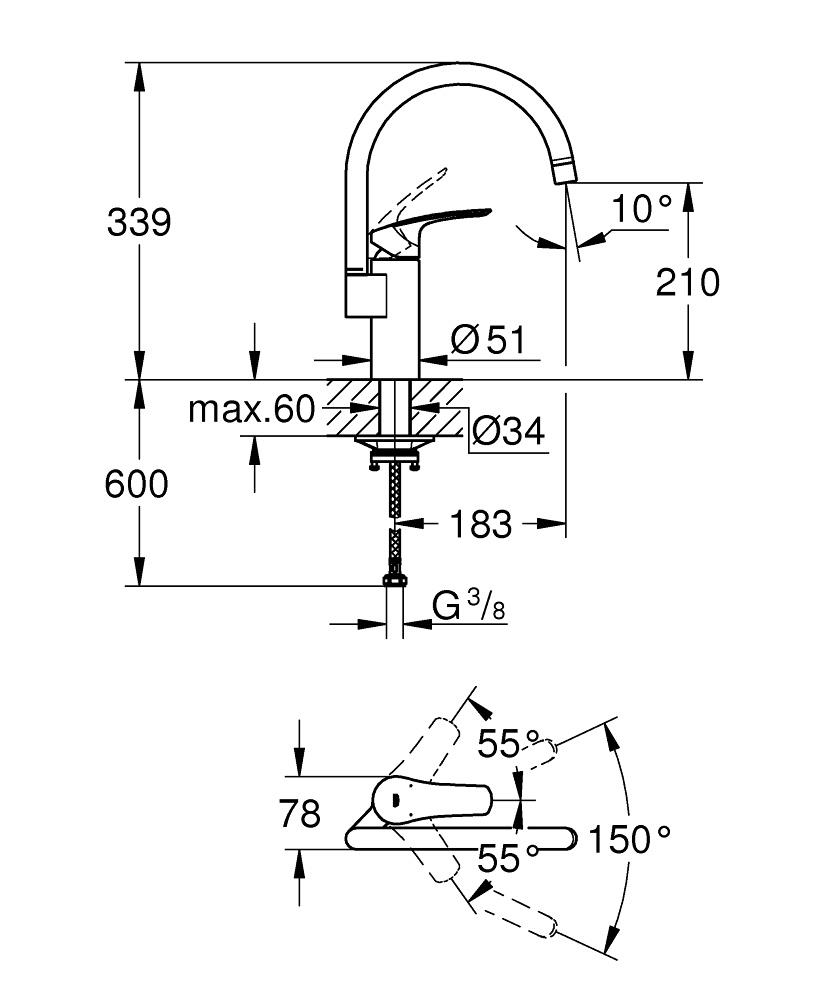 Grohe Eurosmart Kuğu Borulu Eviye Bataryası, Mat Siyah, 332022433