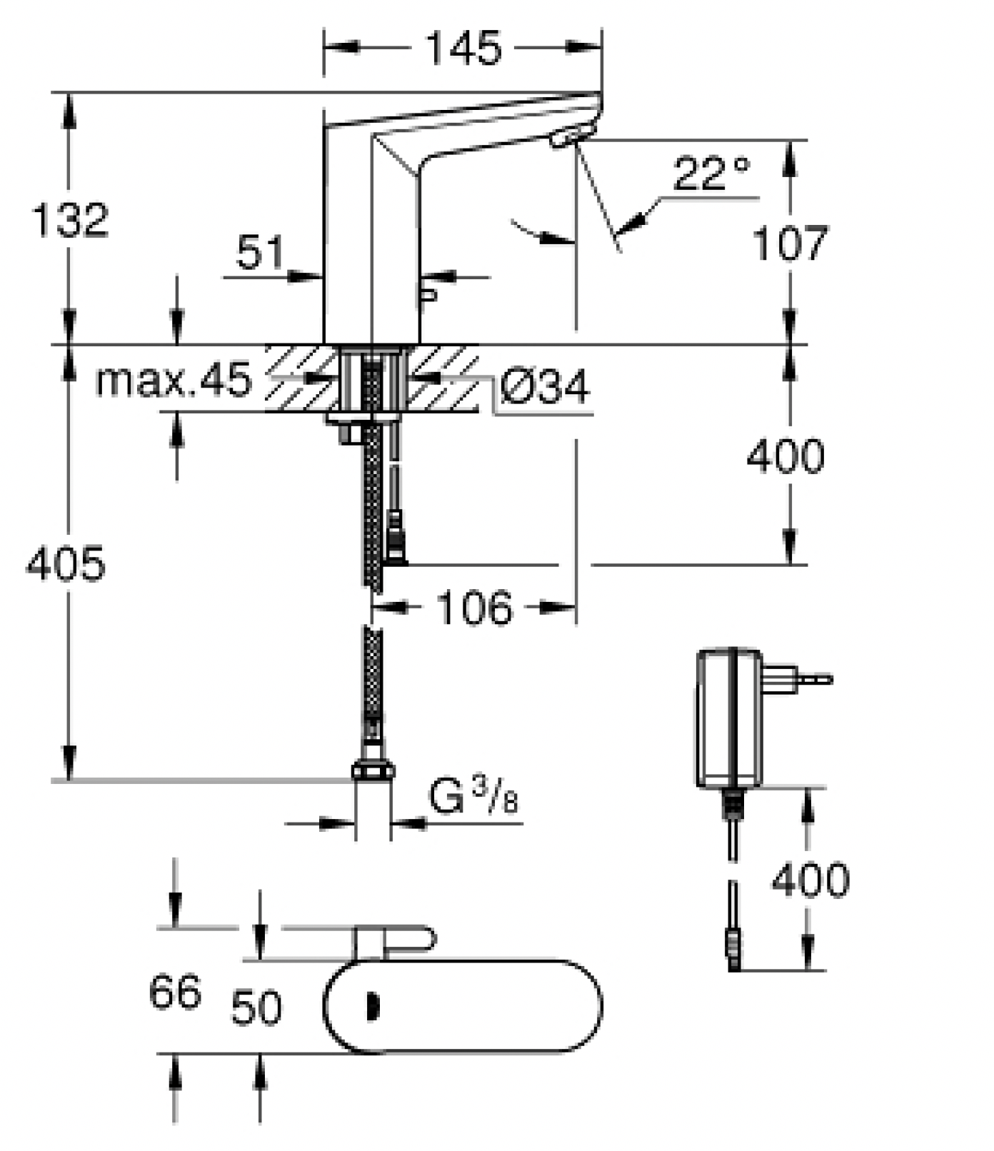 Grohe Fotoselli Lavabo Bataryası Elektrikli Çift Su Giriş Krom, 36325002