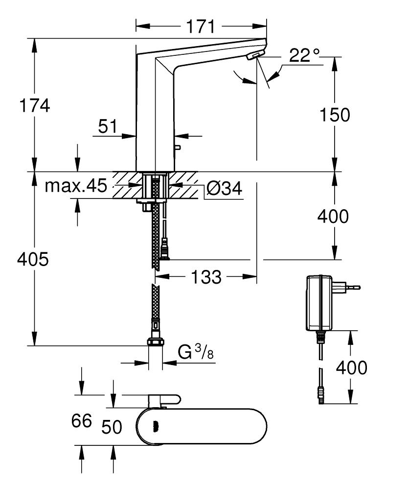 Grohe Fotoselli Lavabo Bataryası Elektrikli Çift Su Giriş, 36421001