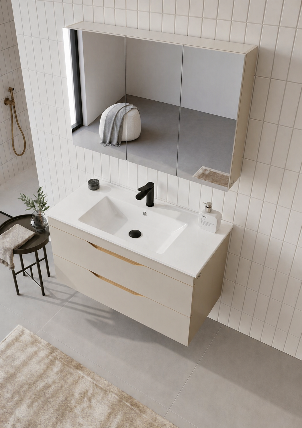 Orka Lena 100 cm Çöl Beji Banyo Dolabı Takımı (Çekmeceli ,Dolaplı Ayna), 5008053