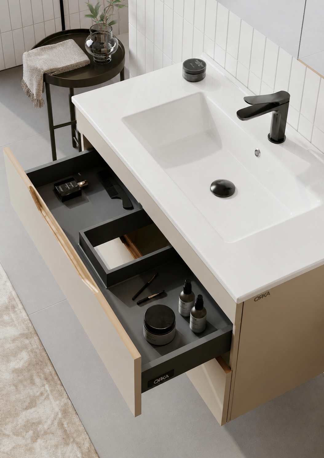 Orka Lena 100 cm Çöl Beji Banyo Dolabı Takımı (Çekmeceli ,Dolaplı Ayna), 5008053