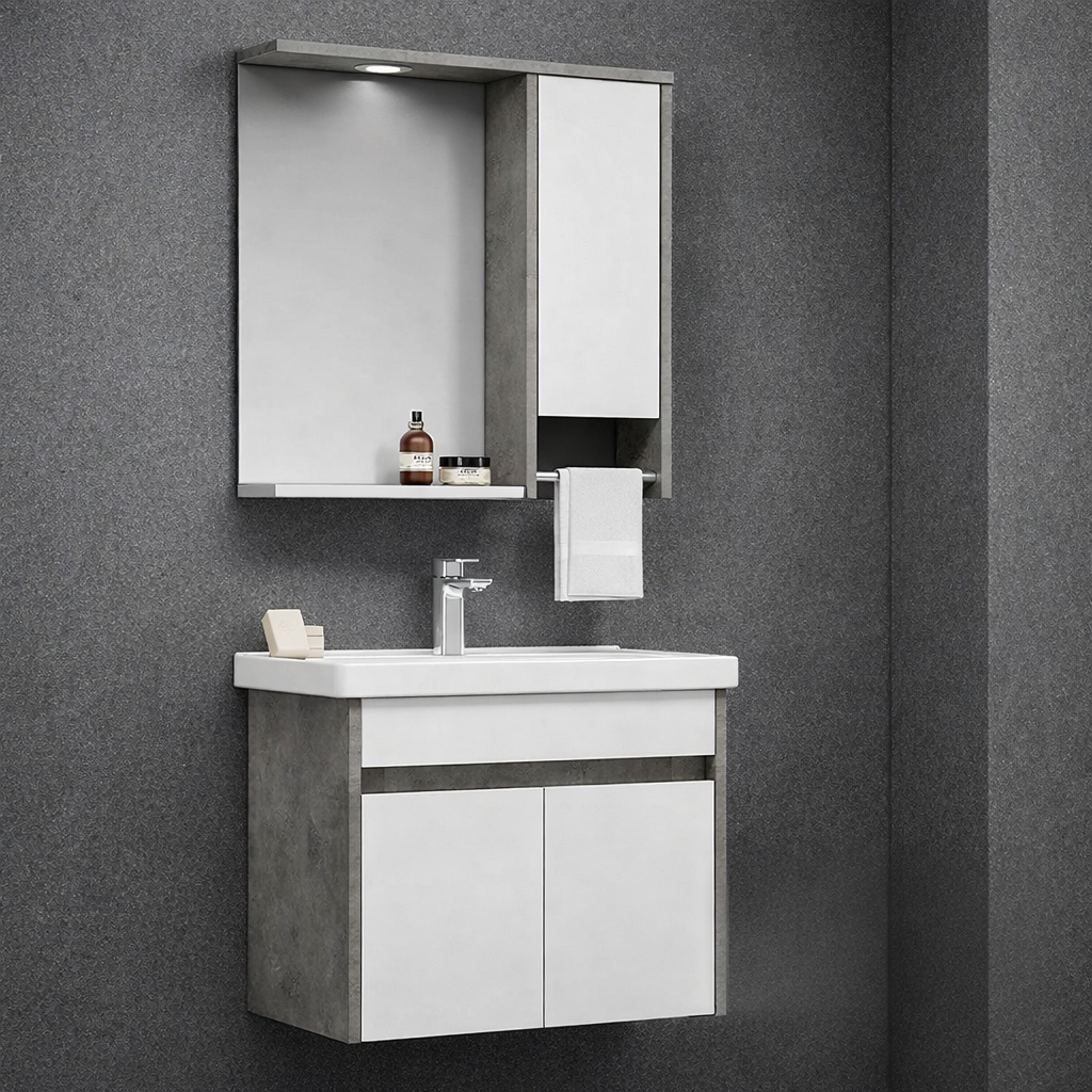 Orka Aydos Banyo Dolabı Takımı, 65 cm, Retro Gümüş/Beyaz (Dolaplı-Led Spotlu Ayna), 5000032