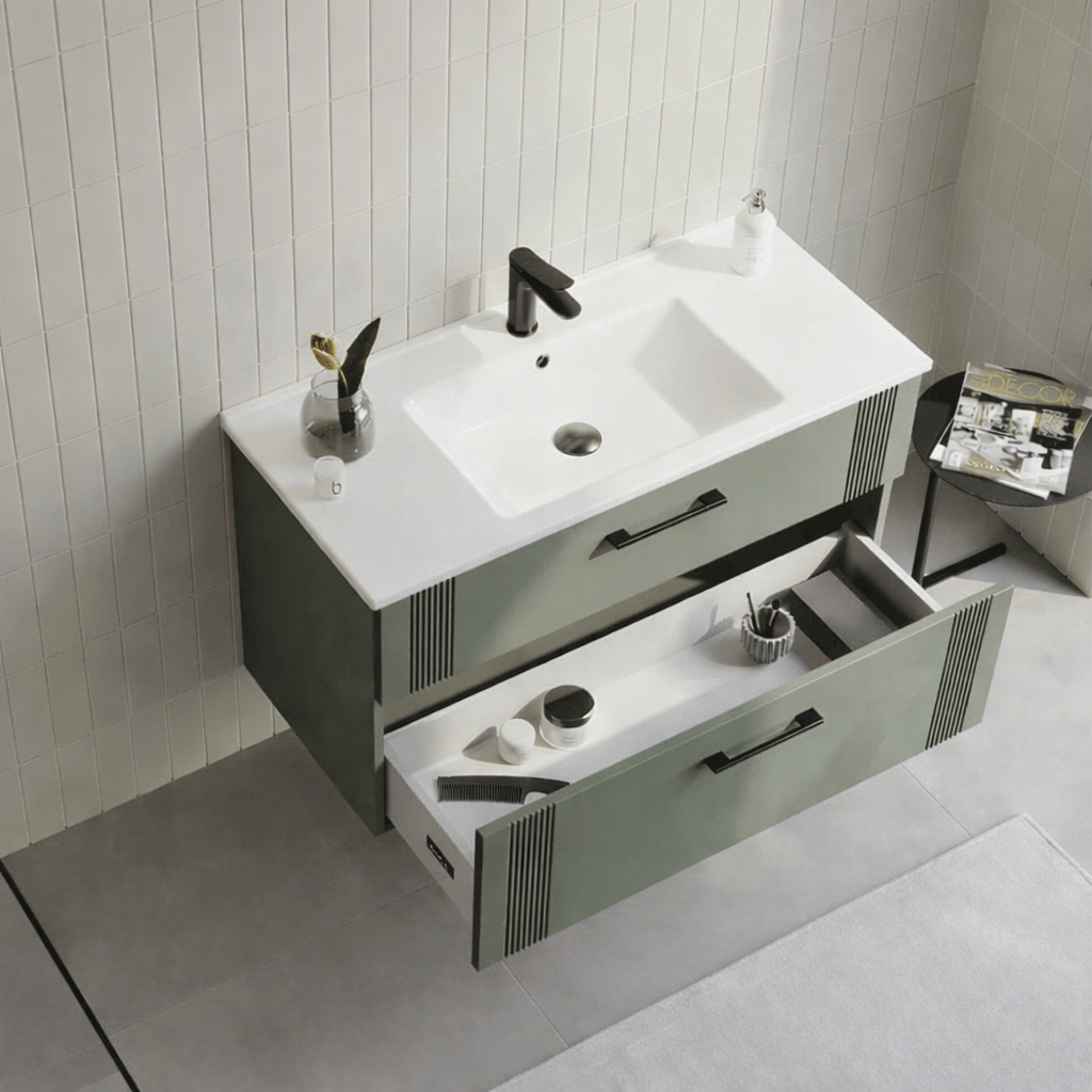 Orka Bari 100 cm Mat Soft Yeşil Banyo Dolabı Alt Modül ve Lavabo, 5006569