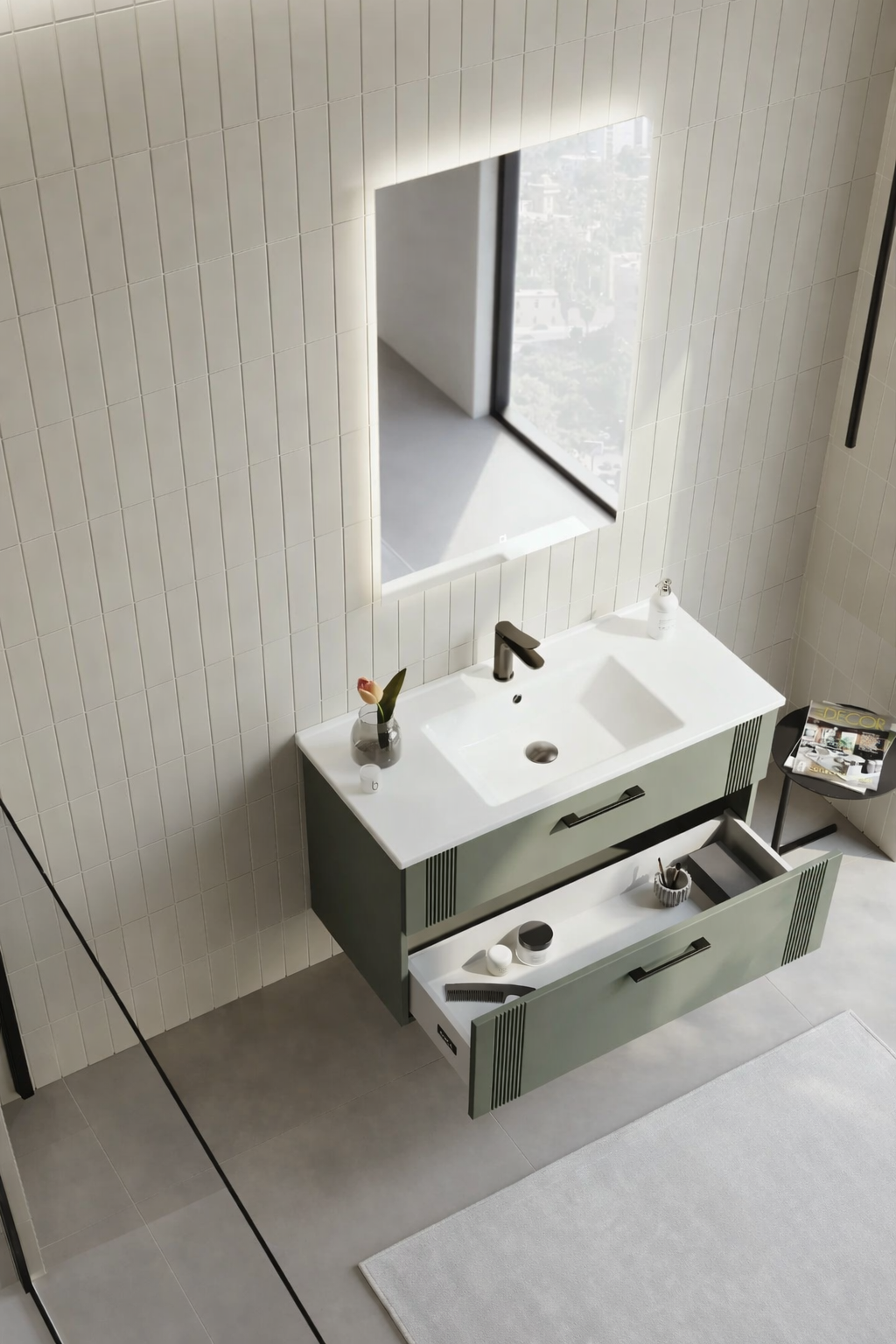 Orka Bari Banyo Dolabı Takımı, 100 cm, Mat Soft Yeşil (Ledli Ayna), 5006581