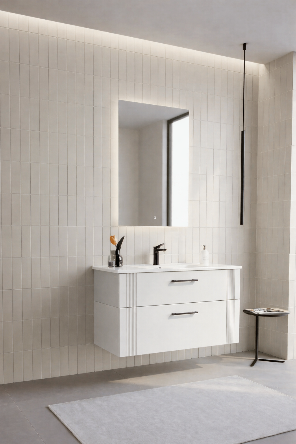 Orka Bari Banyo Dolabı Takımı, 100 cm, Mat Beyaz (Ledli Ayna), 5006580