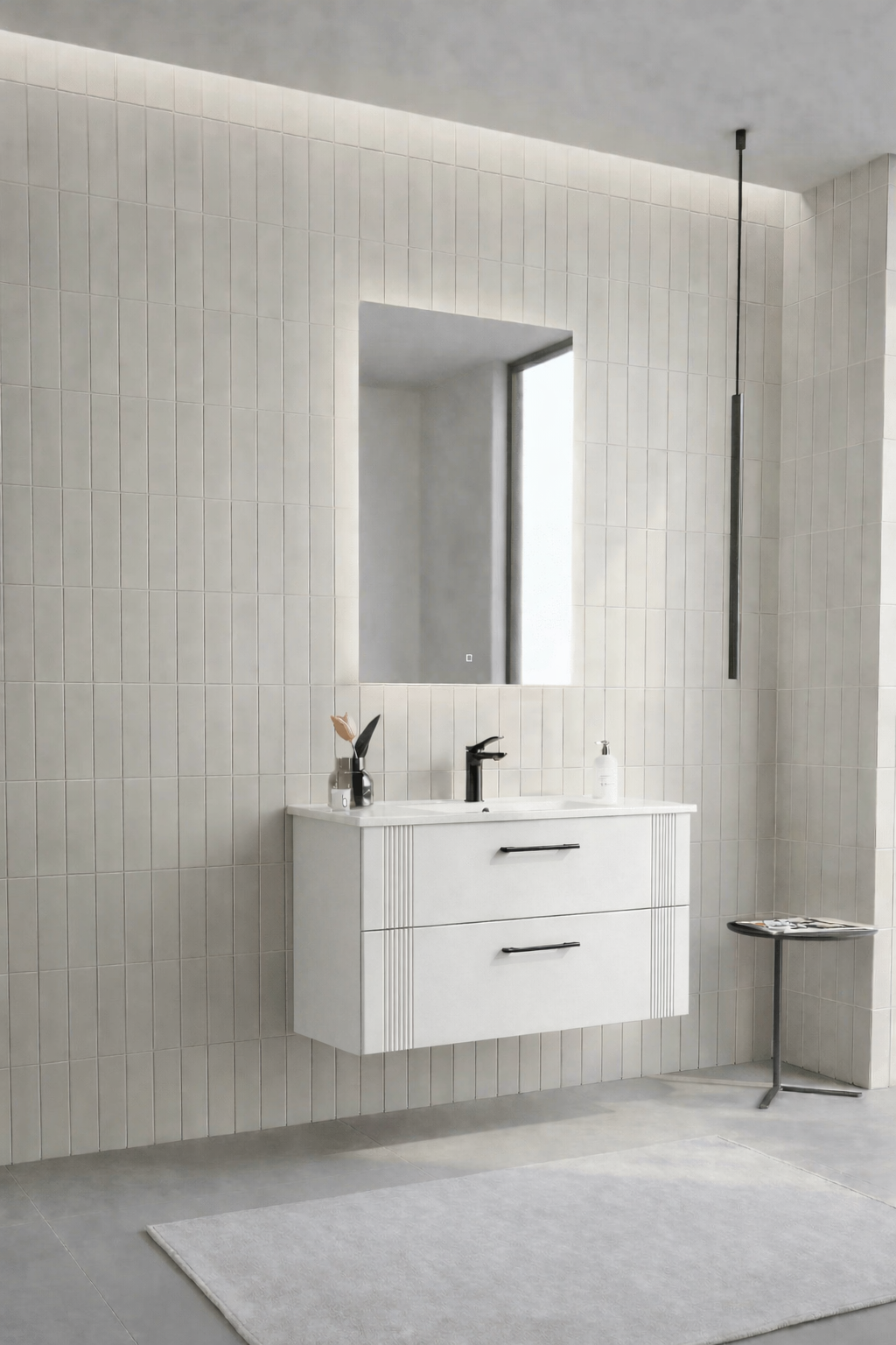 Orka Bari Banyo Dolabı Takımı, 85 cm, Mat Beyaz (Ledli Ayna), 5006576
