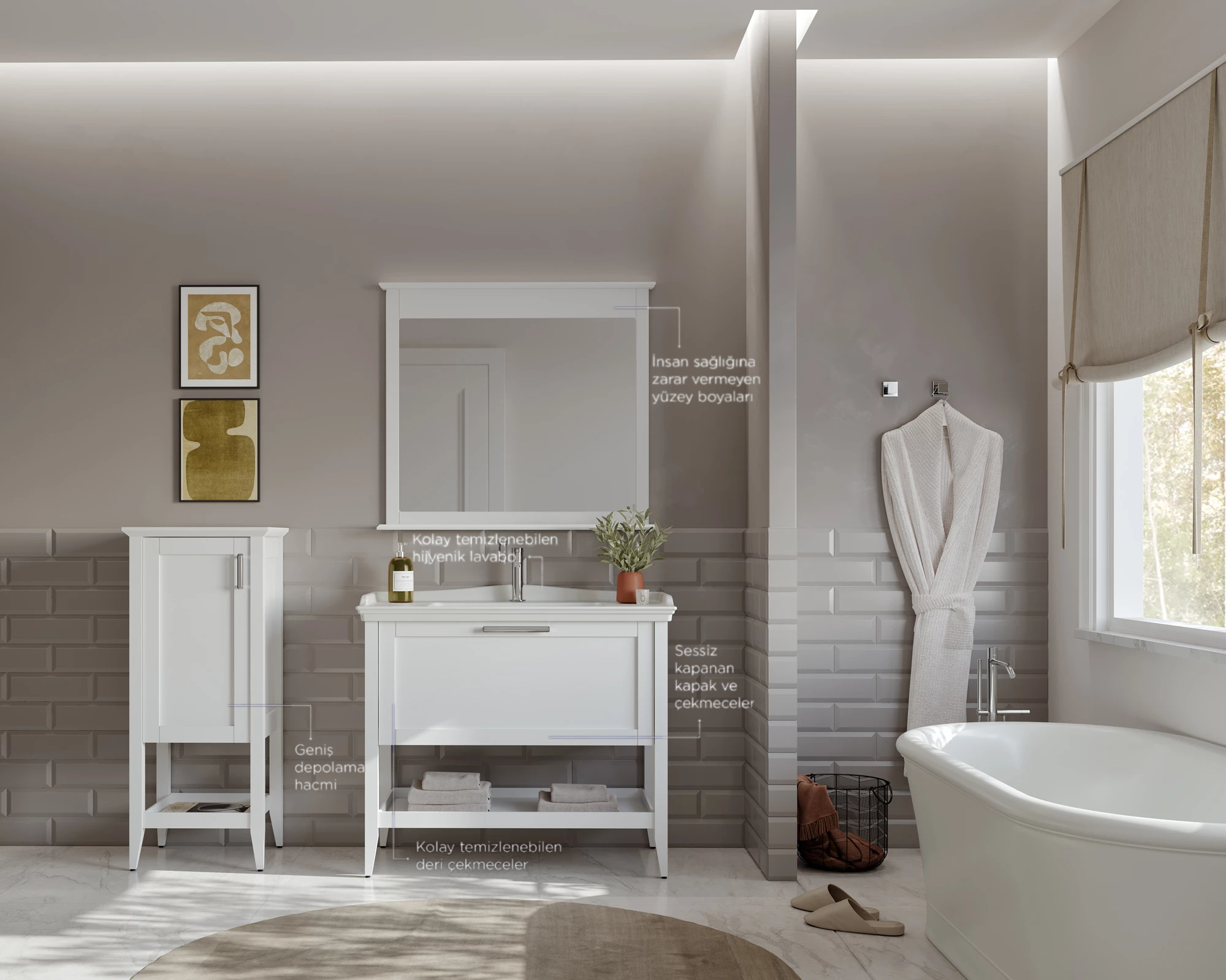 Orka Bastle 100 cm Beyaz Banyo Dolabı Takımı Ve Boy Dolabı 