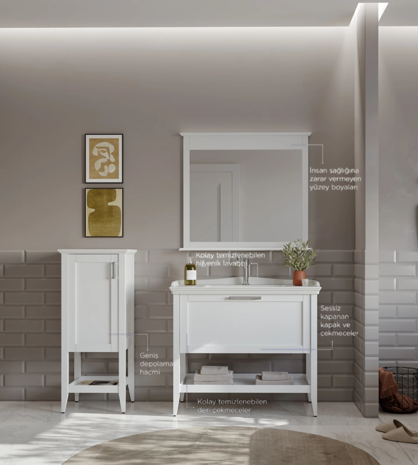 Orka Bastle 80 cm Beyaz Banyo Dolabı Takımı Ve Boy Dolabı