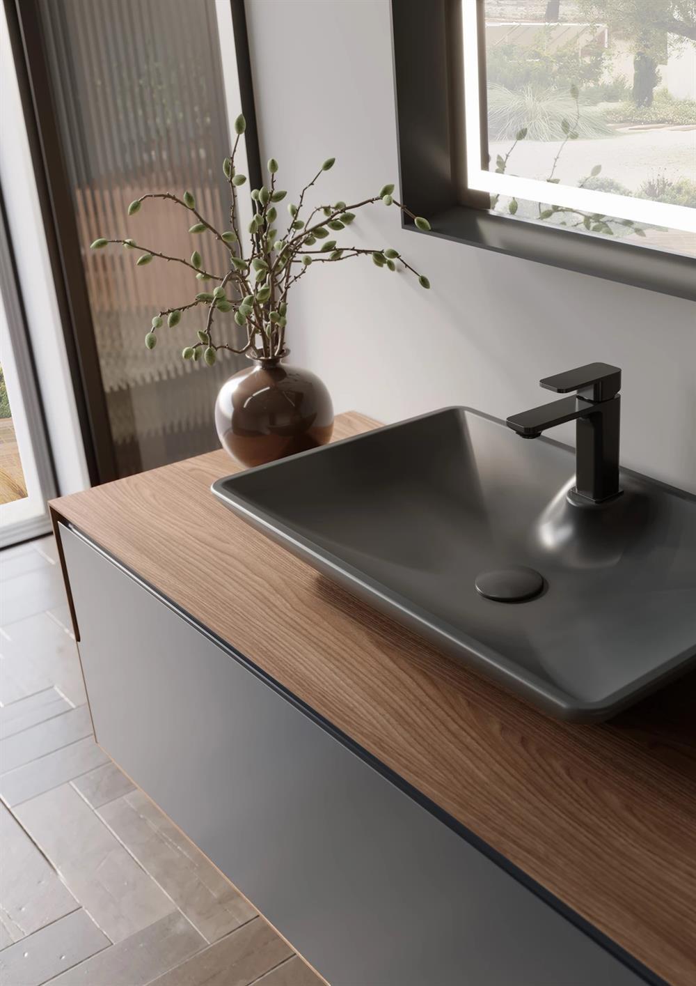 Orka Craft Banyo Dolabı Takımı, 120 cm, Kompakt Ceviz (Ledli Ayna-Mat Antrasit Lavabo), 5000147