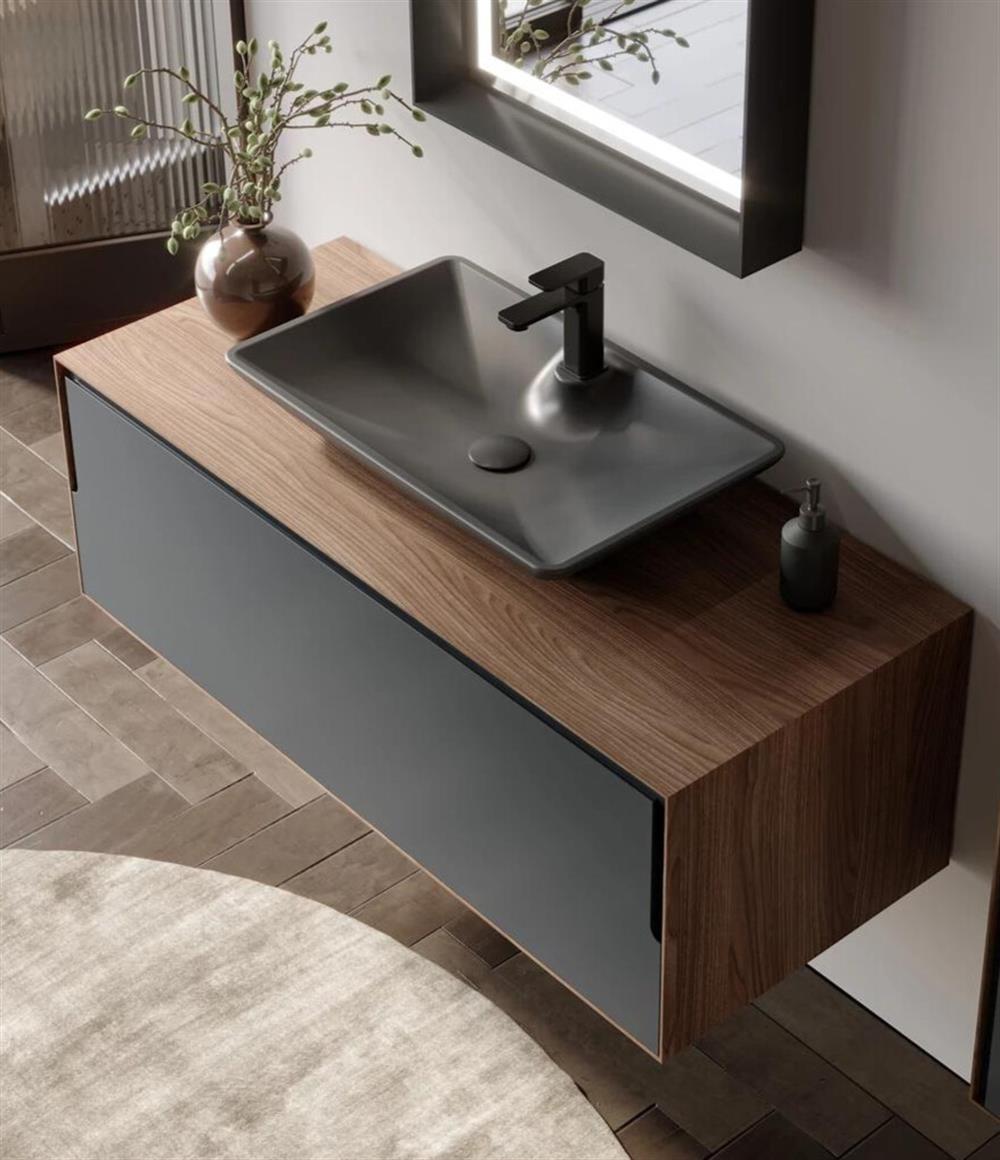 Orka Craft 120 cm Kompakt Ceviz Banyo Dolabı Alt Modül ve Lavabo (Mat Antrasit Lavabo), 5001127