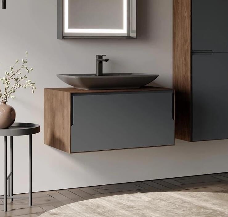 Orka Craft 80 cm Kompakt Ceviz Banyo Dolabı Alt Modül ve Lavabo (Mat Antrasit Lavabo), 5003987