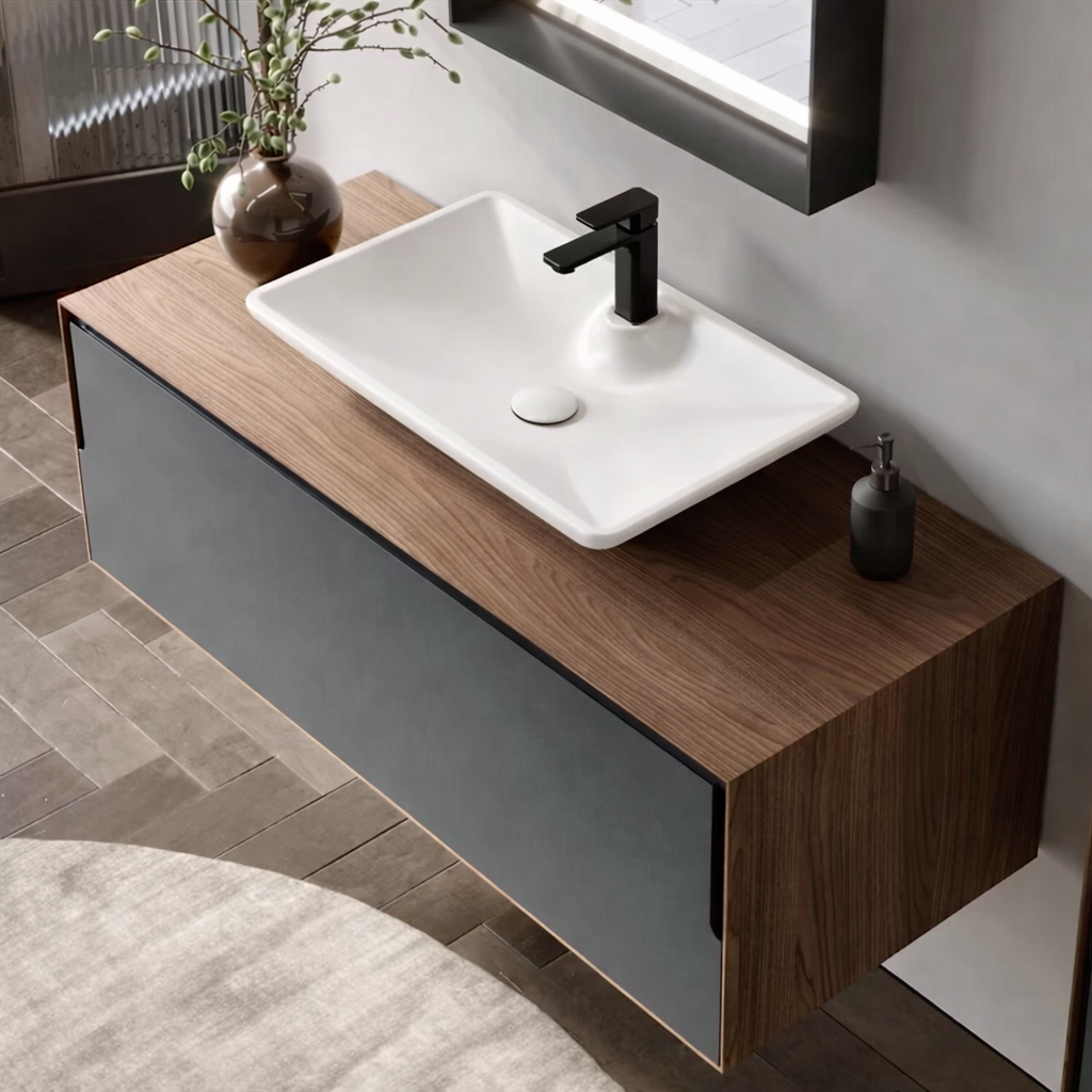Orka Craft Banyo Dolabı Takımı, 120 cm, Kompakt Ceviz (Ledli Ayna-Mat Beyaz Lavabo), 5003432