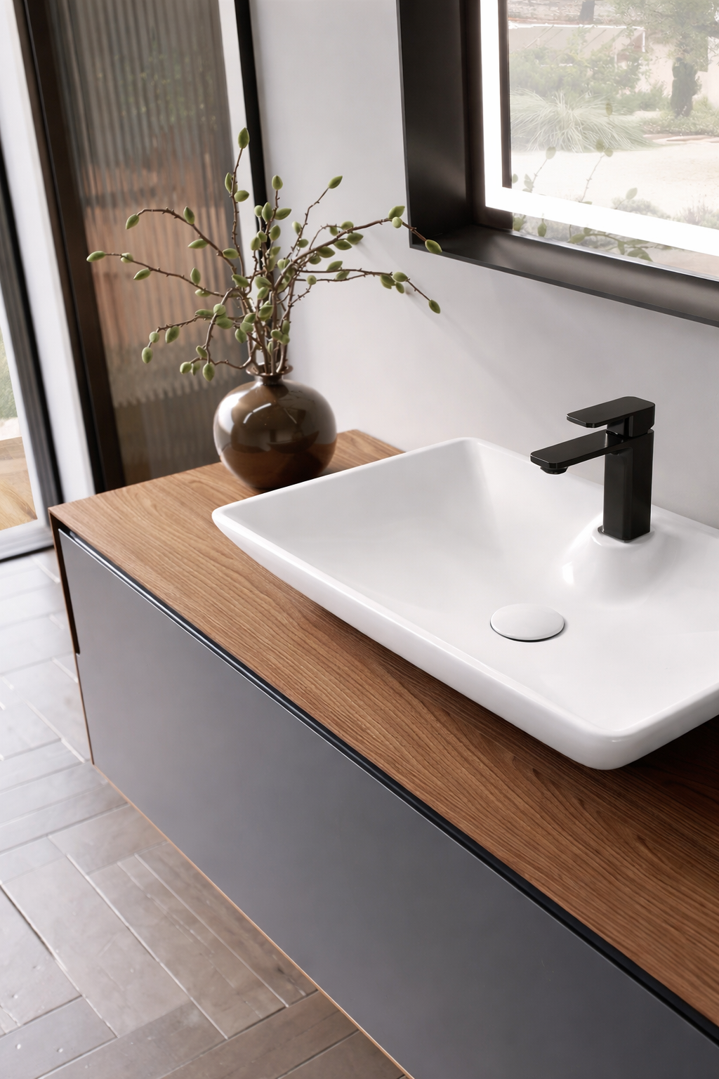 Orka Craft Banyo Dolabı Takımı, 120 cm, Kompakt Ceviz (Ledli Ayna-Mat Beyaz Lavabo), 5003432