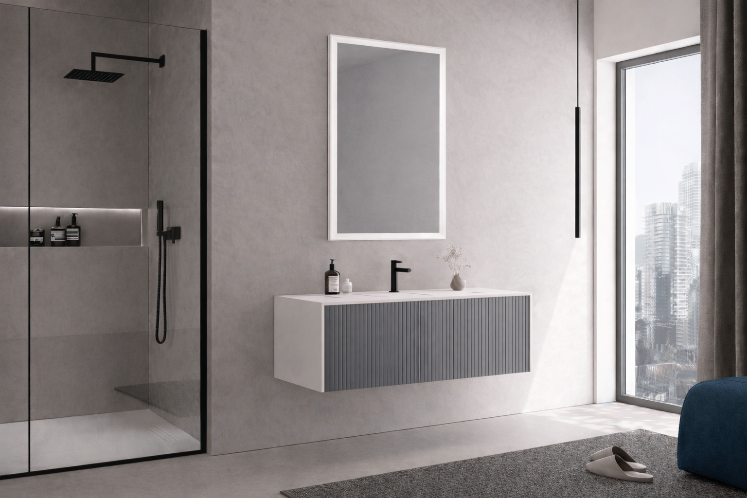 Orka Cube Banyo Dolabı Takımı, 120 cm, Lake Mat Gri (Ledli Ayna), 5000171
