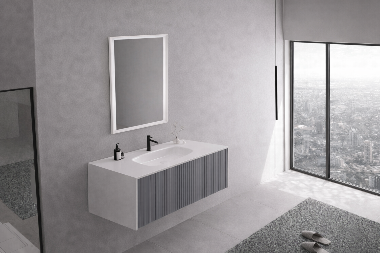 Orka Cube Banyo Dolabı Takımı, 120 cm, Lake Mat Gri (Ledli Ayna), 5000171